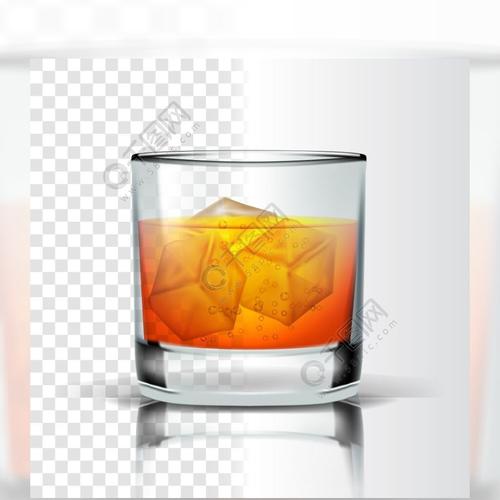 酒精饮料与透明度网格背景上孤立的泡沫3d插图现实玻璃与波旁酒和冰块